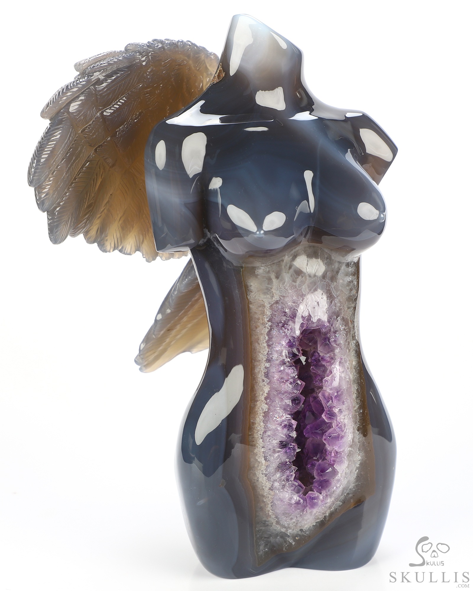 6.5" Agate Amethyst Geode Hand Carved Crystal Angel Sculpture, Crystal Healing 6.5" Agate Amethyst Geode Hand Carved Crystal Angel Sculpture, Crystal Healing