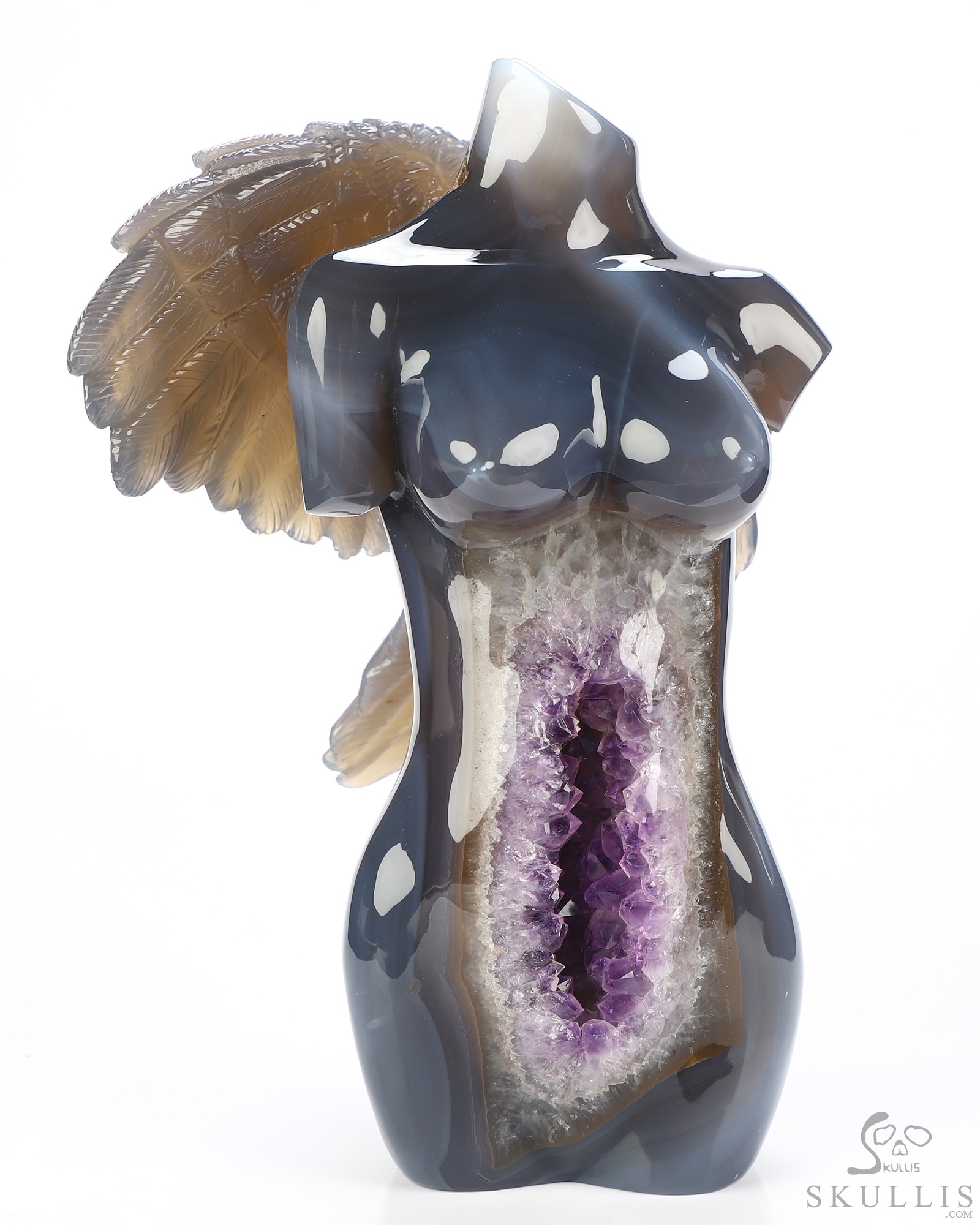 6.5" Agate Amethyst Geode Hand Carved Crystal Angel Sculpture, Crystal Healing 6.5" Agate Amethyst Geode Hand Carved Crystal Angel Sculpture, Crystal Healing