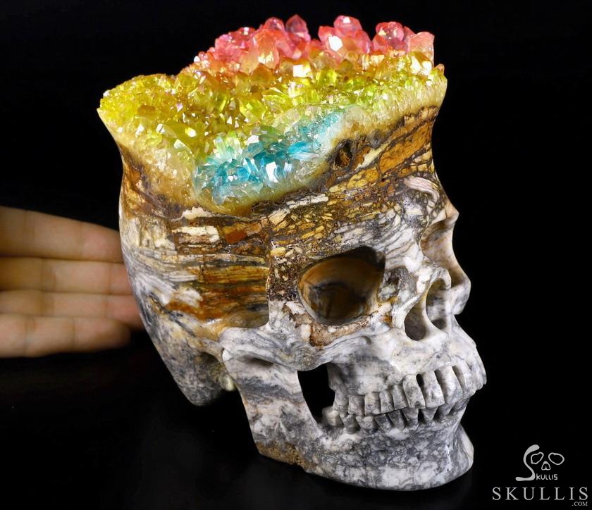 Lifesized 6.7" Rainbow Aura Quartz Druse Carved Crystal Skull, Super Realistic, Healing Lifesized 6.7" Rainbow Aura Quartz Druse Carved Crystal Skull, Super Realistic, Healing