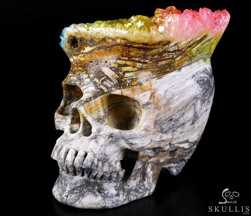 Lifesized 6.7" Rainbow Aura Quartz Druse Carved Crystal Skull, Super Realistic, Healing Lifesized 6.7" Rainbow Aura Quartz Druse Carved Crystal Skull, Super Realistic, Healing