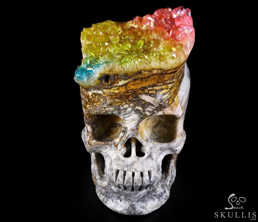 Lifesized 6.7" Rainbow Aura Quartz Druse Carved Crystal Skull, Super Realistic, Healing Lifesized 6.7" Rainbow Aura Quartz Druse Carved Crystal Skull, Super Realistic, Healing