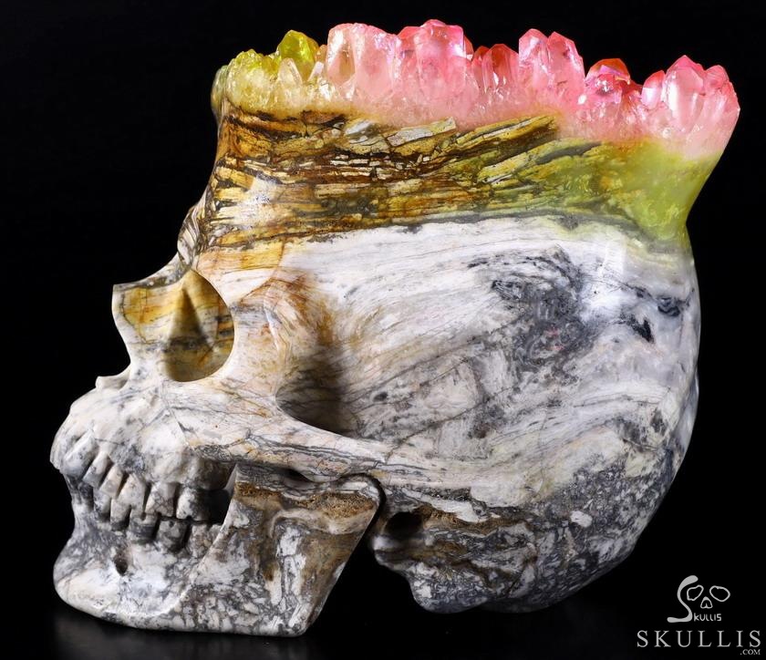 Lifesized 6.7" Rainbow Aura Quartz Druse Carved Crystal Skull, Super Realistic, Healing Lifesized 6.7" Rainbow Aura Quartz Druse Carved Crystal Skull, Super Realistic, Healing