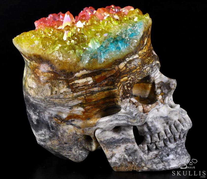 Lifesized 6.7" Rainbow Aura Quartz Druse Carved Crystal Skull, Super Realistic, Healing Lifesized 6.7" Rainbow Aura Quartz Druse Carved Crystal Skull, Super Realistic, Healing