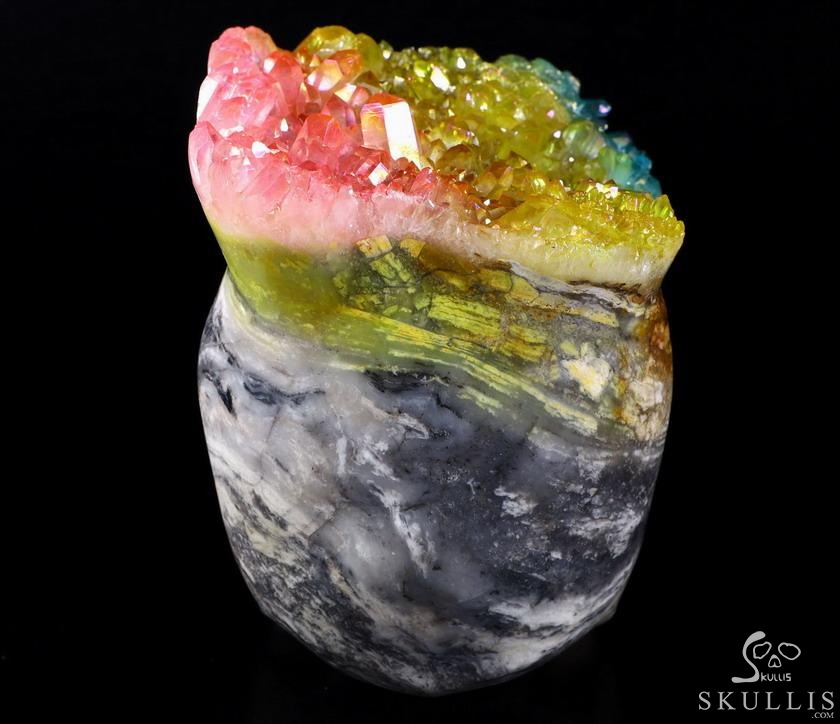 Lifesized 6.7" Rainbow Aura Quartz Druse Carved Crystal Skull, Super Realistic, Healing Lifesized 6.7" Rainbow Aura Quartz Druse Carved Crystal Skull, Super Realistic, Healing