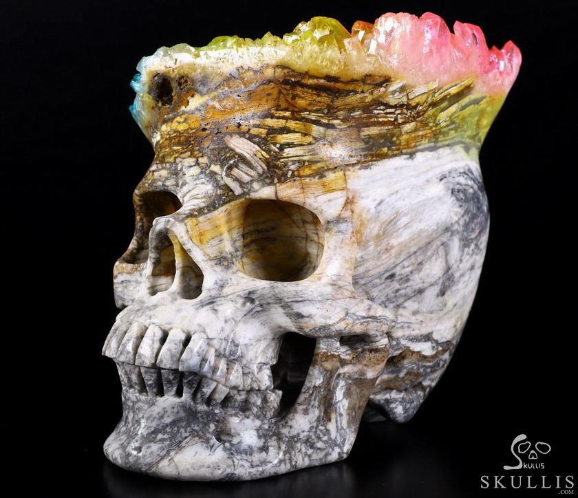 Lifesized 6.7" Rainbow Aura Quartz Druse Carved Crystal Skull, Super Realistic, Healing Lifesized 6.7" Rainbow Aura Quartz Druse Carved Crystal Skull, Super Realistic, Healing