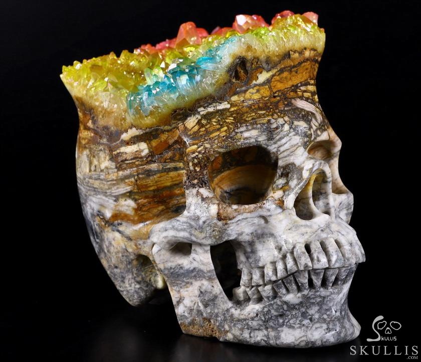Lifesized 6.7" Rainbow Aura Quartz Druse Carved Crystal Skull, Super Realistic, Healing Lifesized 6.7" Rainbow Aura Quartz Druse Carved Crystal Skull, Super Realistic, Healing