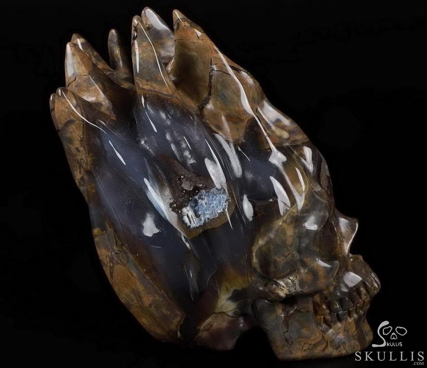 New Design 5.7" Dinosaur Egg Agate Carved Crystal Flaming Skull, Realistic, Crystal Healing New Design 5.7" Dinosaur Egg Agate Carved Crystal Flaming Skull, Realistic, Crystal Healing