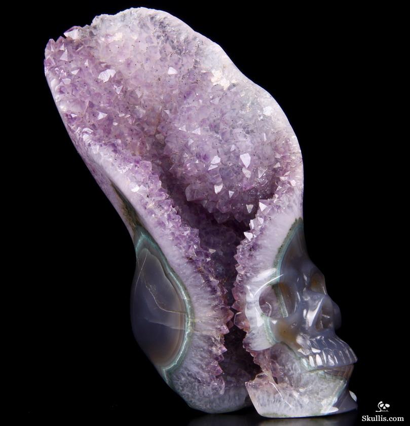 3.2" Agate Amethyst Druse Carved Crystal Skull, Realistic 3.2" Agate Amethyst Druse Carved Crystal Skull, Realistic