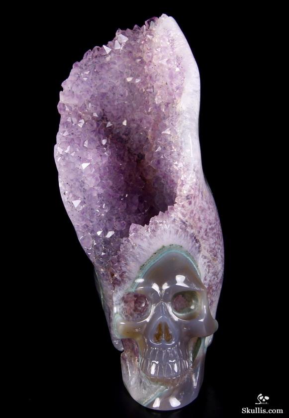 3.2" Agate Amethyst Druse Carved Crystal Skull, Realistic 3.2" Agate Amethyst Druse Carved Crystal Skull, Realistic