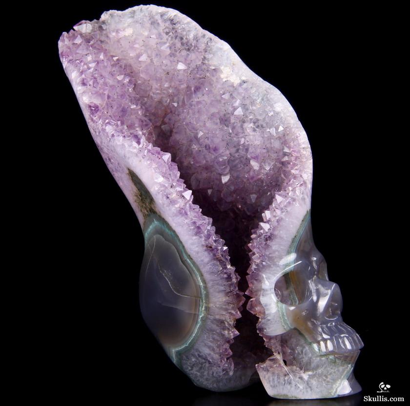 3.2" Agate Amethyst Druse Carved Crystal Skull, Realistic 3.2" Agate Amethyst Druse Carved Crystal Skull, Realistic