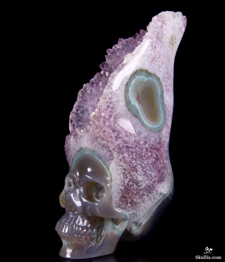 3.2" Agate Amethyst Druse Carved Crystal Skull, Realistic 3.2" Agate Amethyst Druse Carved Crystal Skull, Realistic