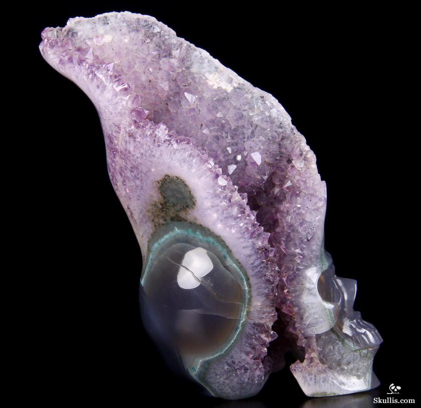 3.2" Agate Amethyst Druse Carved Crystal Skull, Realistic 3.2" Agate Amethyst Druse Carved Crystal Skull, Realistic