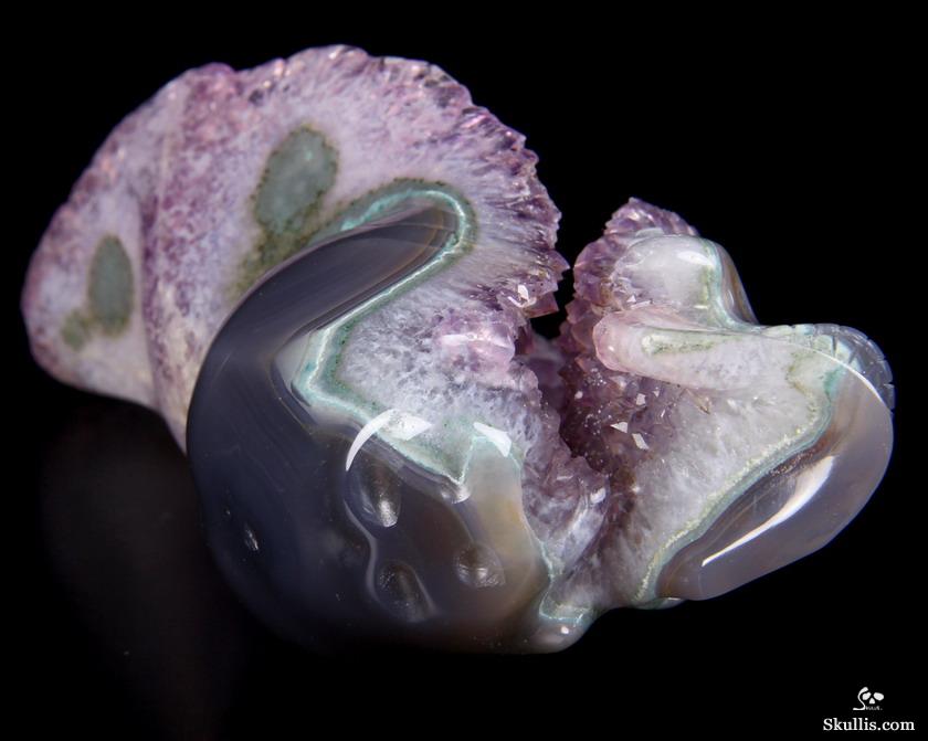 3.2" Agate Amethyst Druse Carved Crystal Skull, Realistic 3.2" Agate Amethyst Druse Carved Crystal Skull, Realistic