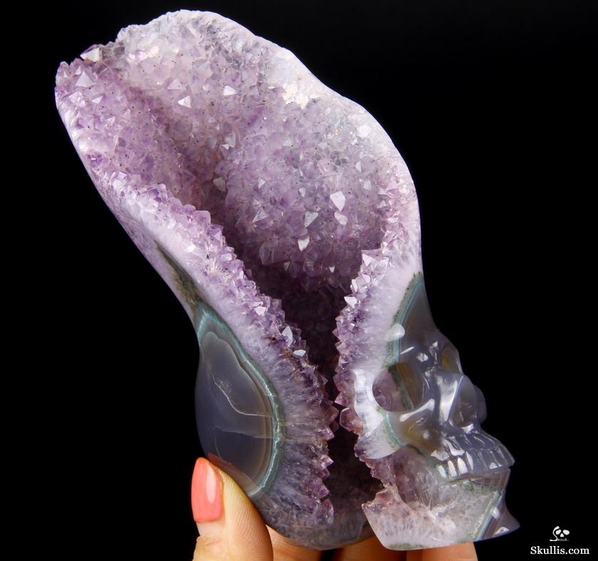 3.2" Agate Amethyst Druse Carved Crystal Skull, Realistic 3.2" Agate Amethyst Druse Carved Crystal Skull, Realistic