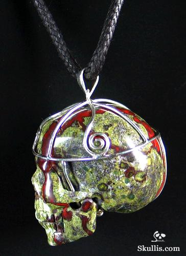 Dragon Blood Jasper Carved Crystal Skull Pendant Sterling