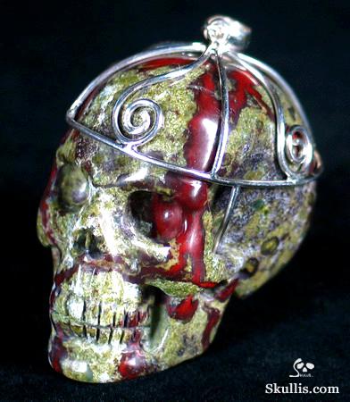 Dragon Blood Jasper Carved Crystal Skull Pendant Sterling