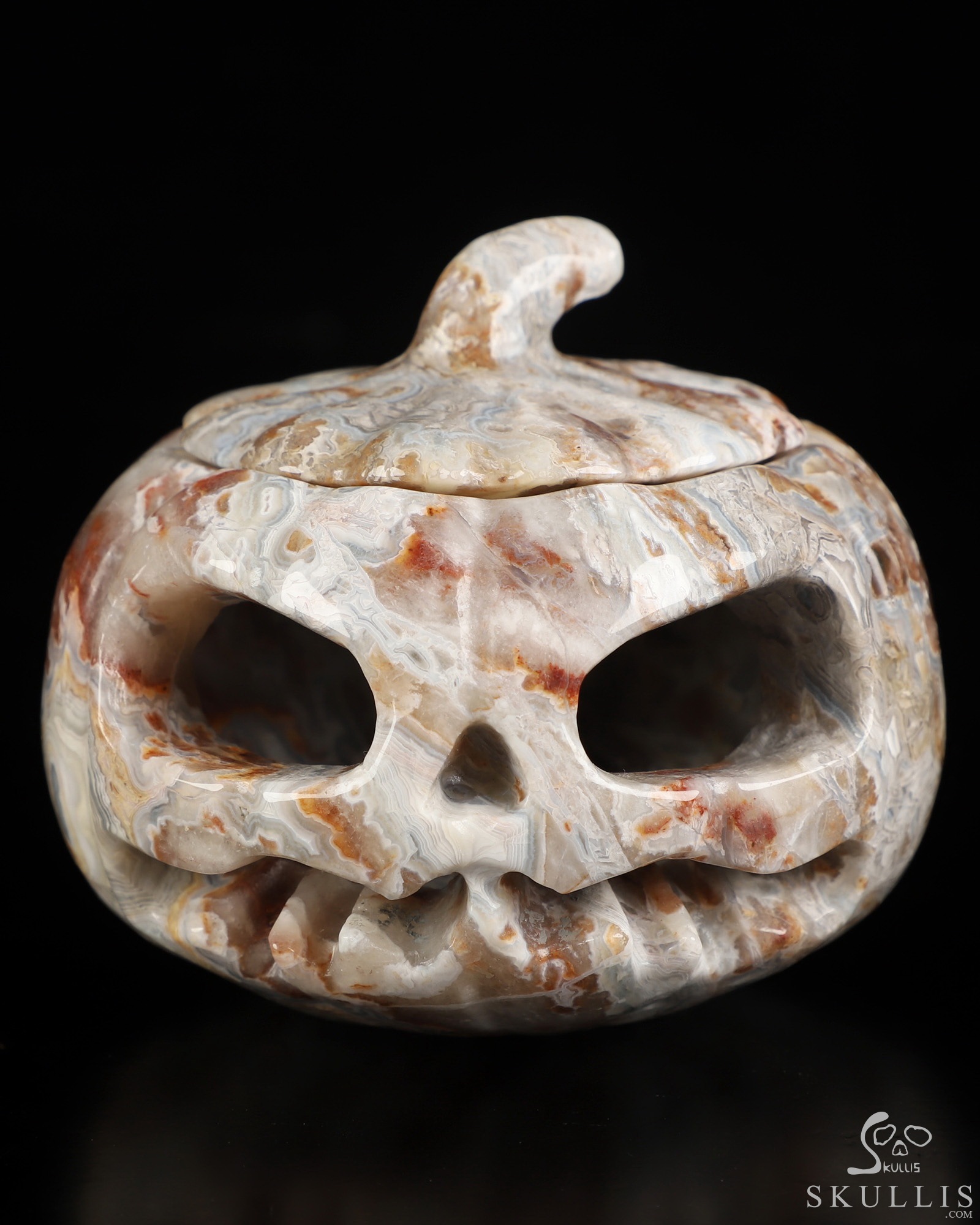 4.1" Red Crazy Lace Agate Hand Carved Hollow Jack-O'-Lantern Pumpkin Crystal Skull Sculpture 4.1" Red Crazy Lace Agate Hand Carved Hollow Jack-O'-Lantern Pumpkin Crystal Skull Sculpture