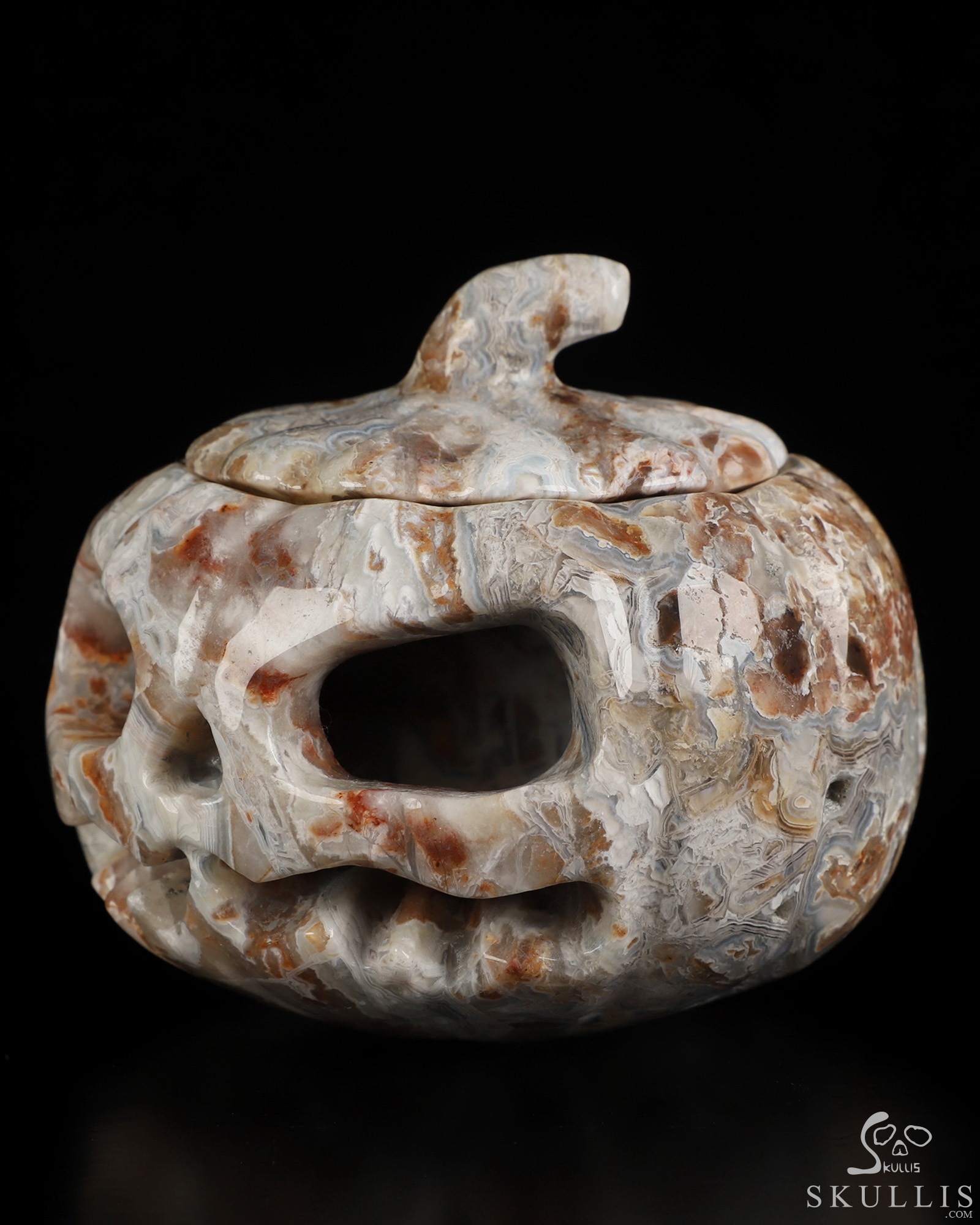 4.1" Red Crazy Lace Agate Hand Carved Hollow Jack-O'-Lantern Pumpkin Crystal Skull Sculpture 4.1" Red Crazy Lace Agate Hand Carved Hollow Jack-O'-Lantern Pumpkin Crystal Skull Sculpture