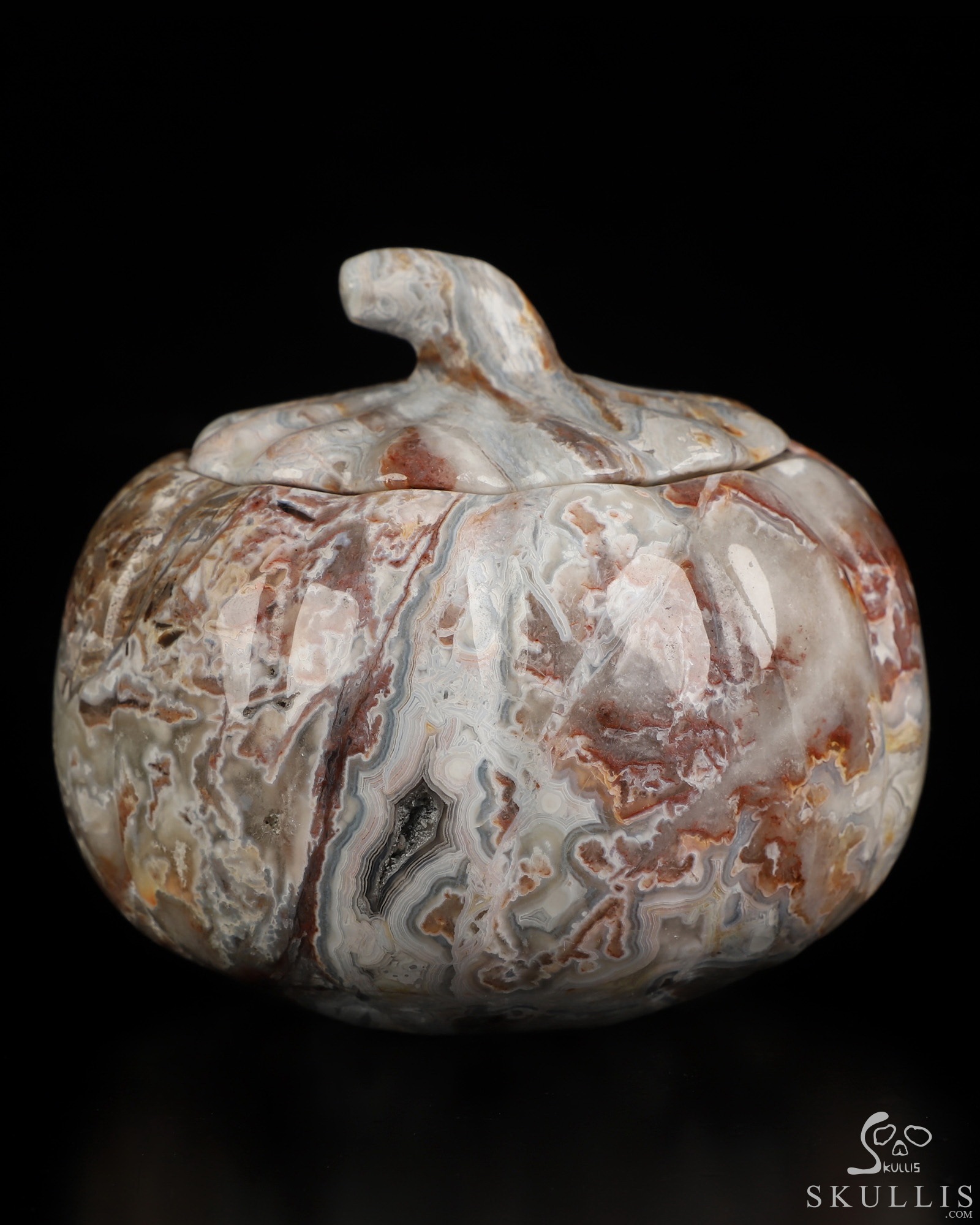 4.1" Red Crazy Lace Agate Hand Carved Hollow Jack-O'-Lantern Pumpkin Crystal Skull Sculpture 4.1" Red Crazy Lace Agate Hand Carved Hollow Jack-O'-Lantern Pumpkin Crystal Skull Sculpture