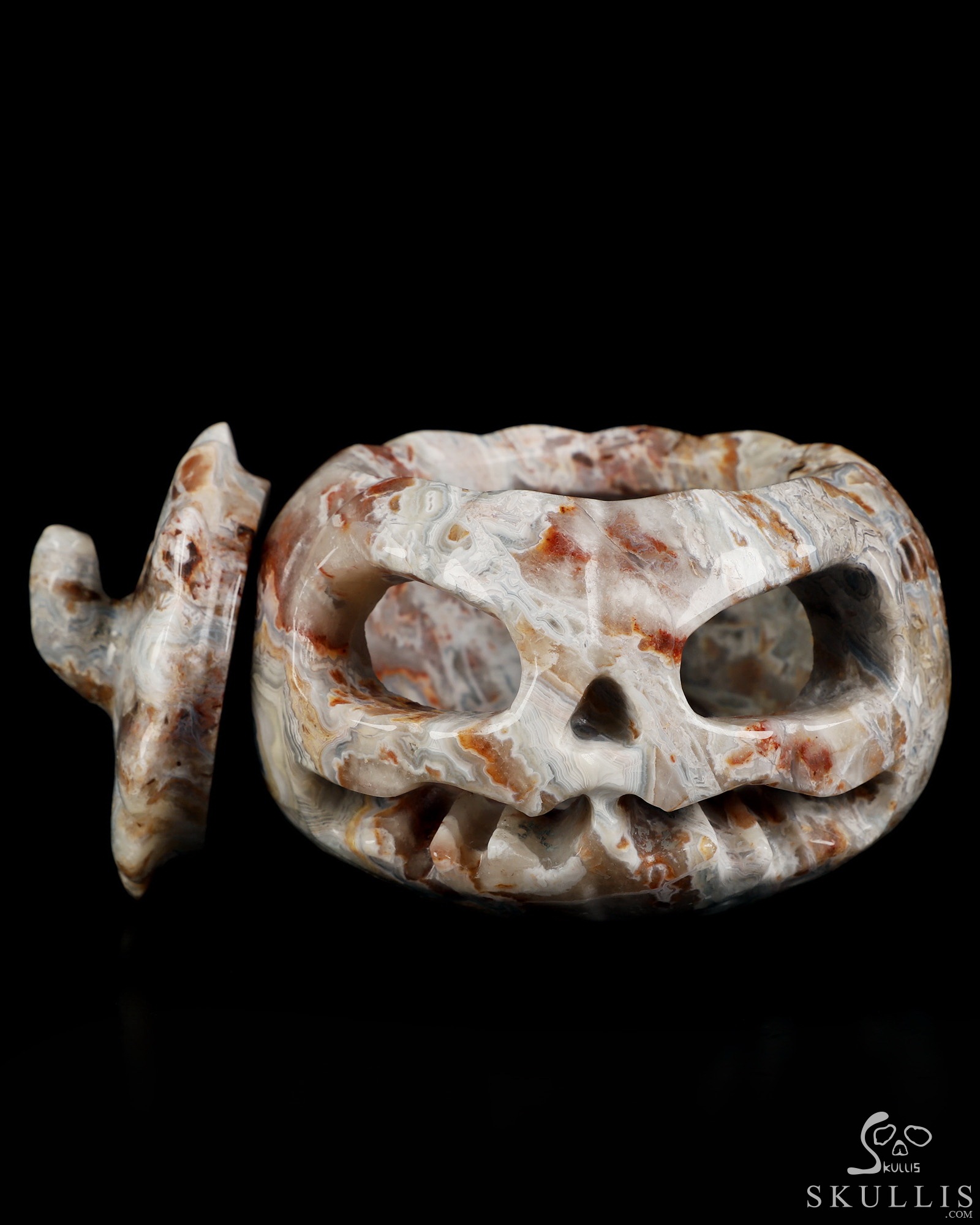 4.1" Red Crazy Lace Agate Hand Carved Hollow Jack-O'-Lantern Pumpkin Crystal Skull Sculpture 4.1" Red Crazy Lace Agate Hand Carved Hollow Jack-O'-Lantern Pumpkin Crystal Skull Sculpture