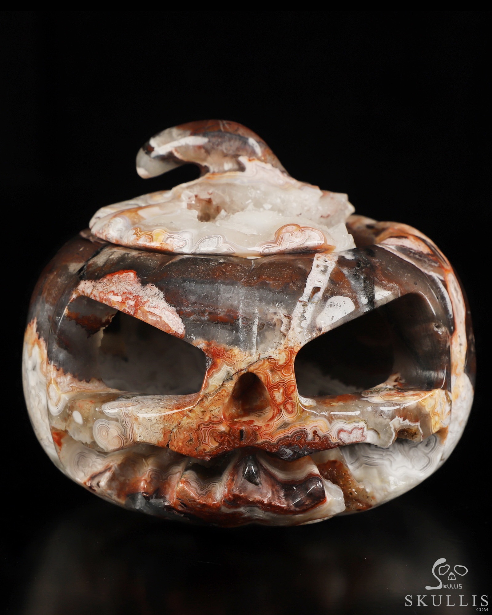 Gemstone 4.1" Red Crazy Lace Agate Hollow Jack-O'-Lantern Pumpkin Crystal Skull Sculpture Gemstone 4.1" Red Crazy Lace Agate Hollow Jack-O'-Lantern Pumpkin Crystal Skull Sculpture