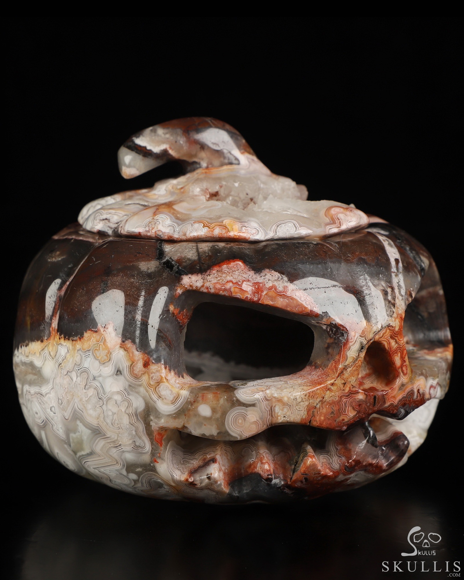 Gemstone 4.1" Red Crazy Lace Agate Hollow Jack-O'-Lantern Pumpkin Crystal Skull Sculpture Gemstone 4.1" Red Crazy Lace Agate Hollow Jack-O'-Lantern Pumpkin Crystal Skull Sculpture