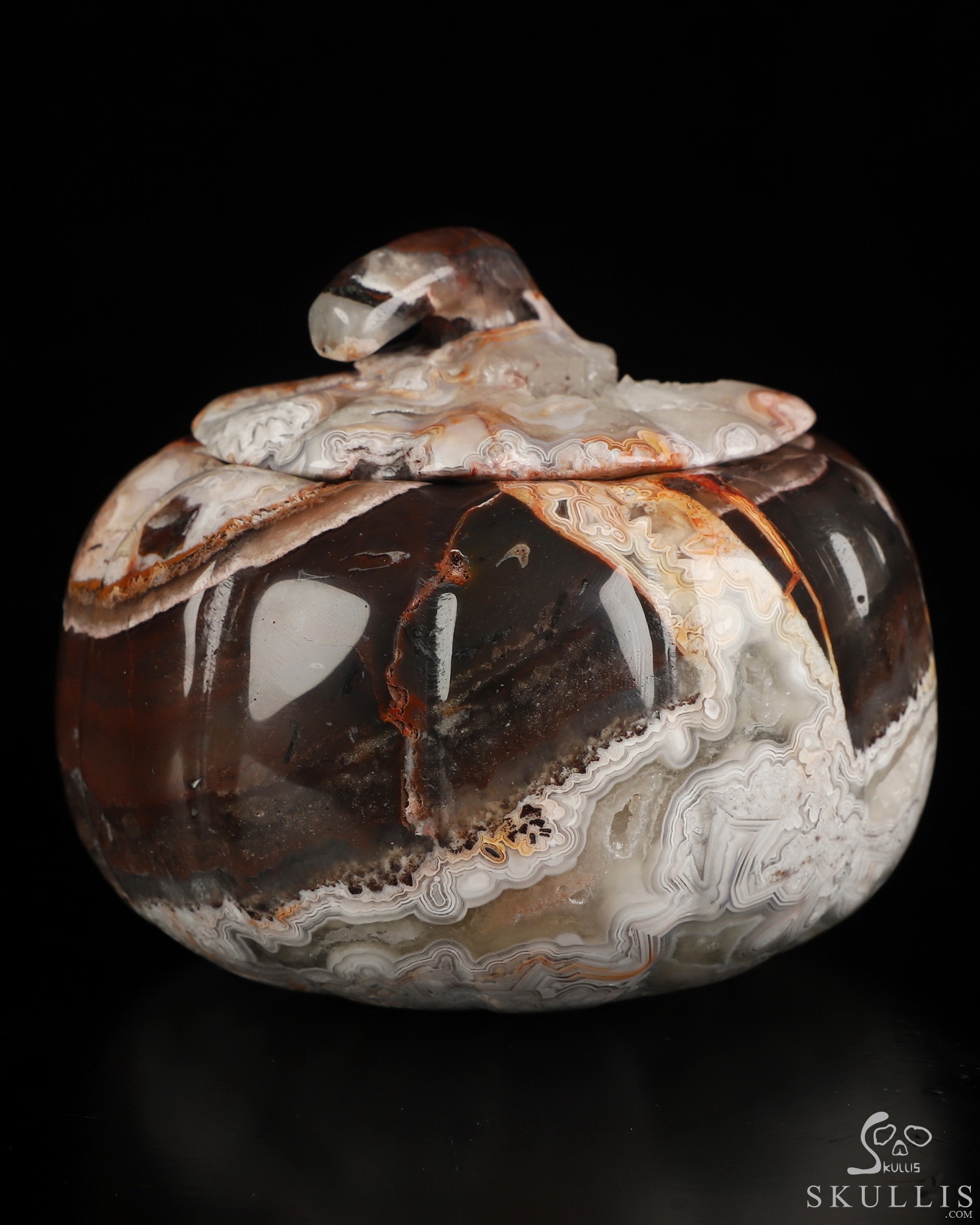 Gemstone 4.1" Red Crazy Lace Agate Hollow Jack-O'-Lantern Pumpkin Crystal Skull Sculpture Gemstone 4.1" Red Crazy Lace Agate Hollow Jack-O'-Lantern Pumpkin Crystal Skull Sculpture