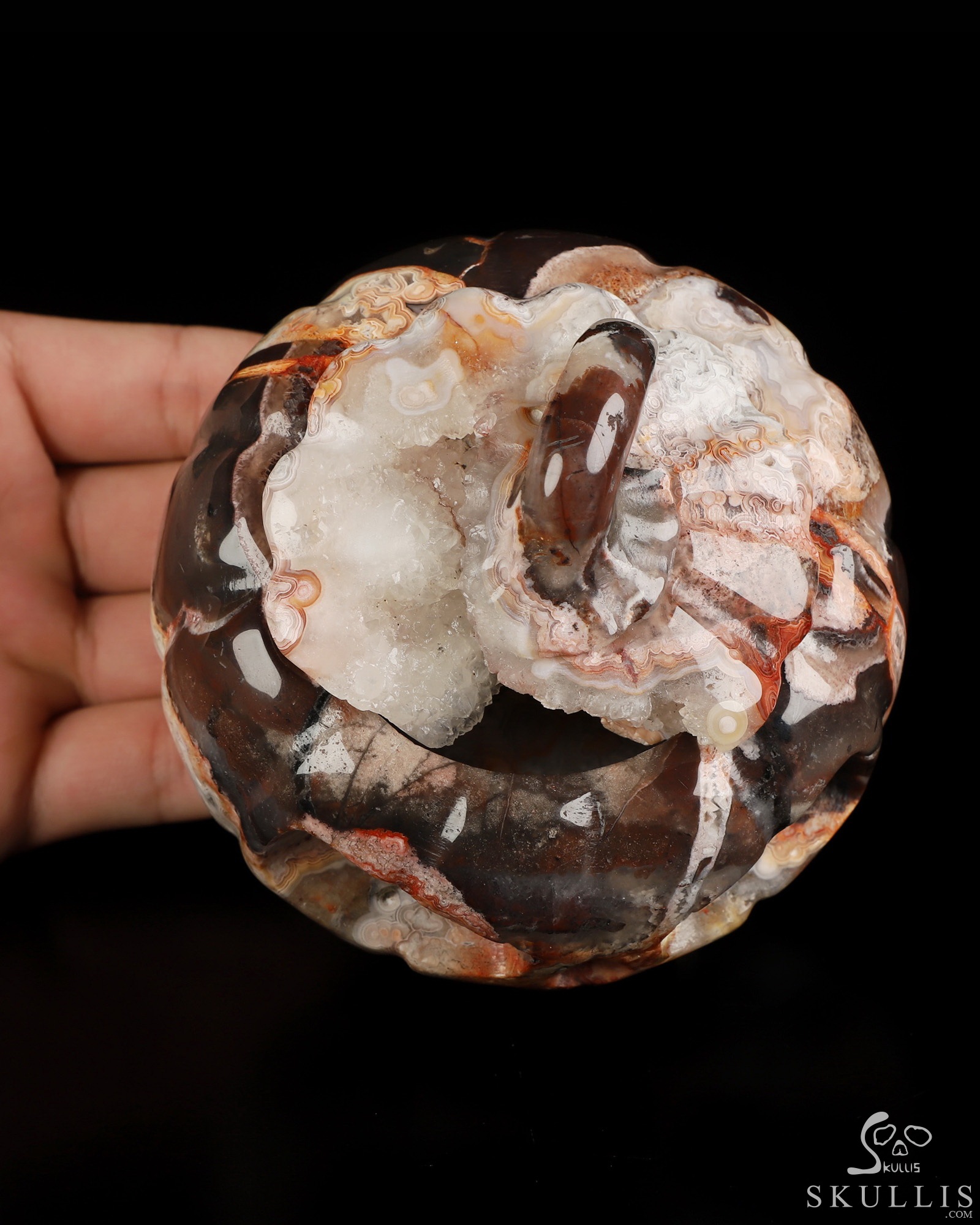 Gemstone 4.1" Red Crazy Lace Agate Hollow Jack-O'-Lantern Pumpkin Crystal Skull Sculpture Gemstone 4.1" Red Crazy Lace Agate Hollow Jack-O'-Lantern Pumpkin Crystal Skull Sculpture