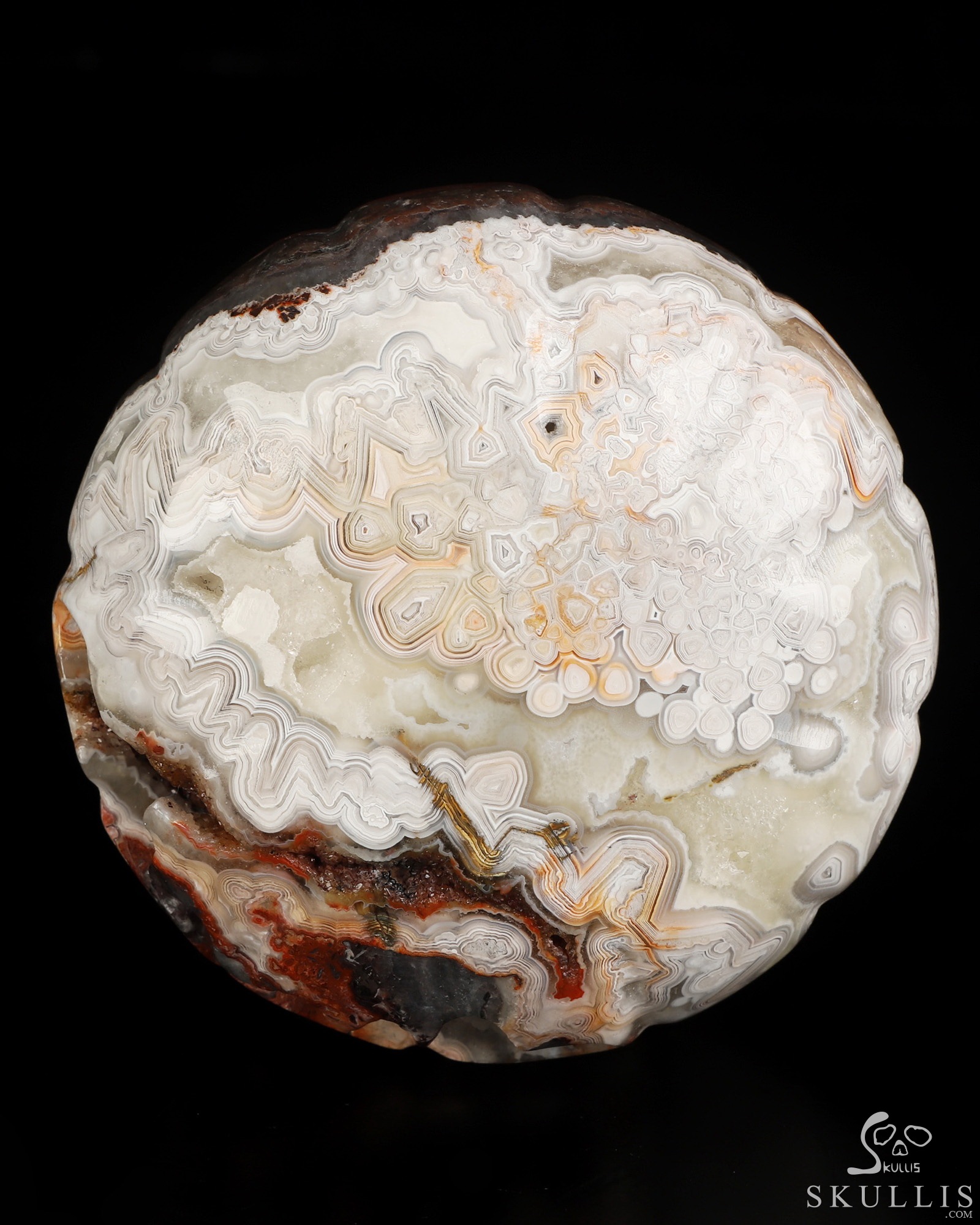 Gemstone 4.1" Red Crazy Lace Agate Hollow Jack-O'-Lantern Pumpkin Crystal Skull Sculpture Gemstone 4.1" Red Crazy Lace Agate Hollow Jack-O'-Lantern Pumpkin Crystal Skull Sculpture