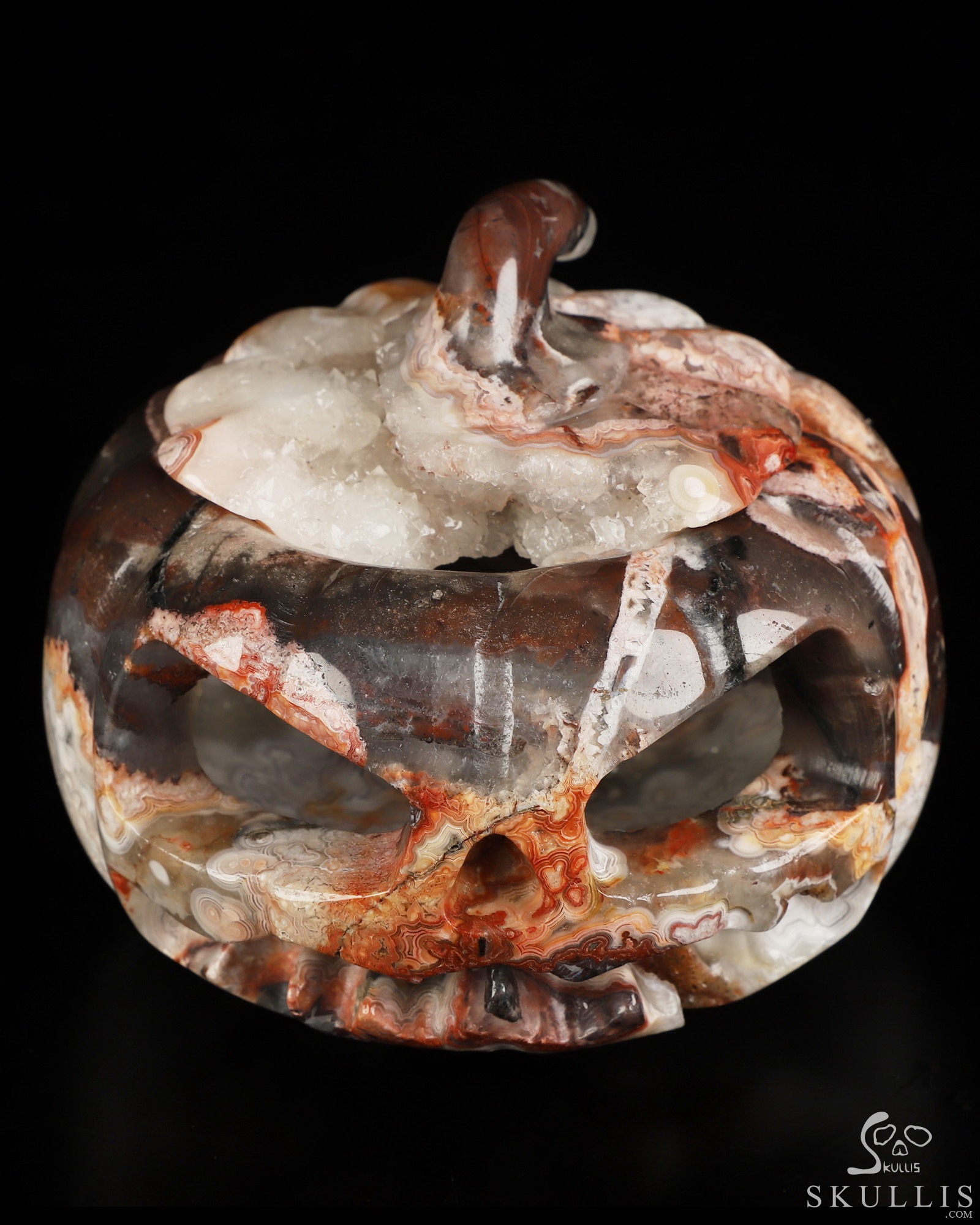 Gemstone 4.1" Red Crazy Lace Agate Hollow Jack-O'-Lantern Pumpkin Crystal Skull Sculpture Gemstone 4.1" Red Crazy Lace Agate Hollow Jack-O'-Lantern Pumpkin Crystal Skull Sculpture