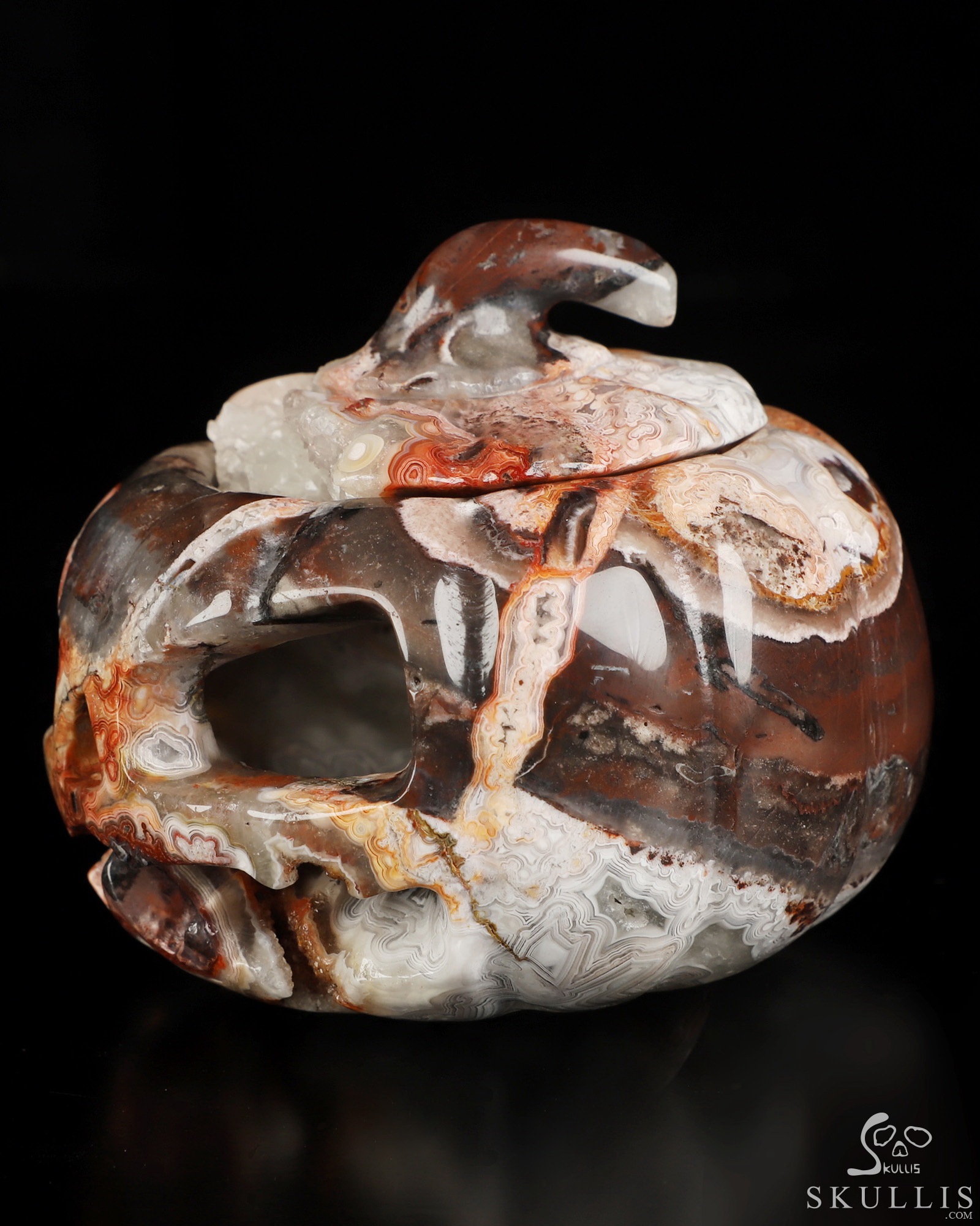 Gemstone 4.1" Red Crazy Lace Agate Hollow Jack-O'-Lantern Pumpkin Crystal Skull Sculpture Gemstone 4.1" Red Crazy Lace Agate Hollow Jack-O'-Lantern Pumpkin Crystal Skull Sculpture