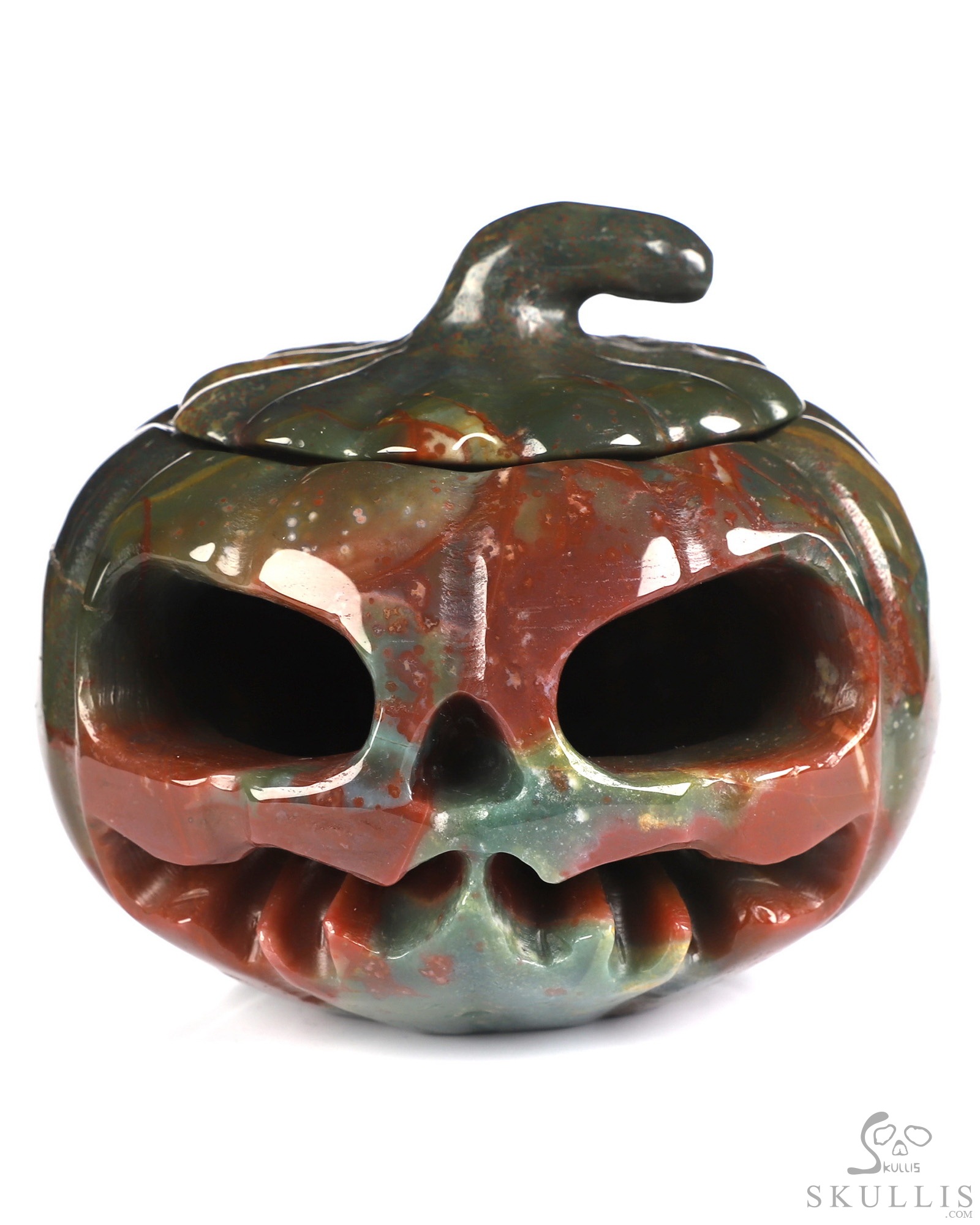 4.1" Bloodstone Hand Carved Hollow Jack-O'-Lantern Pumpkin Crystal Skull Sculpture 4.1" Bloodstone Hand Carved Hollow Jack-O'-Lantern Pumpkin Crystal Skull Sculpture