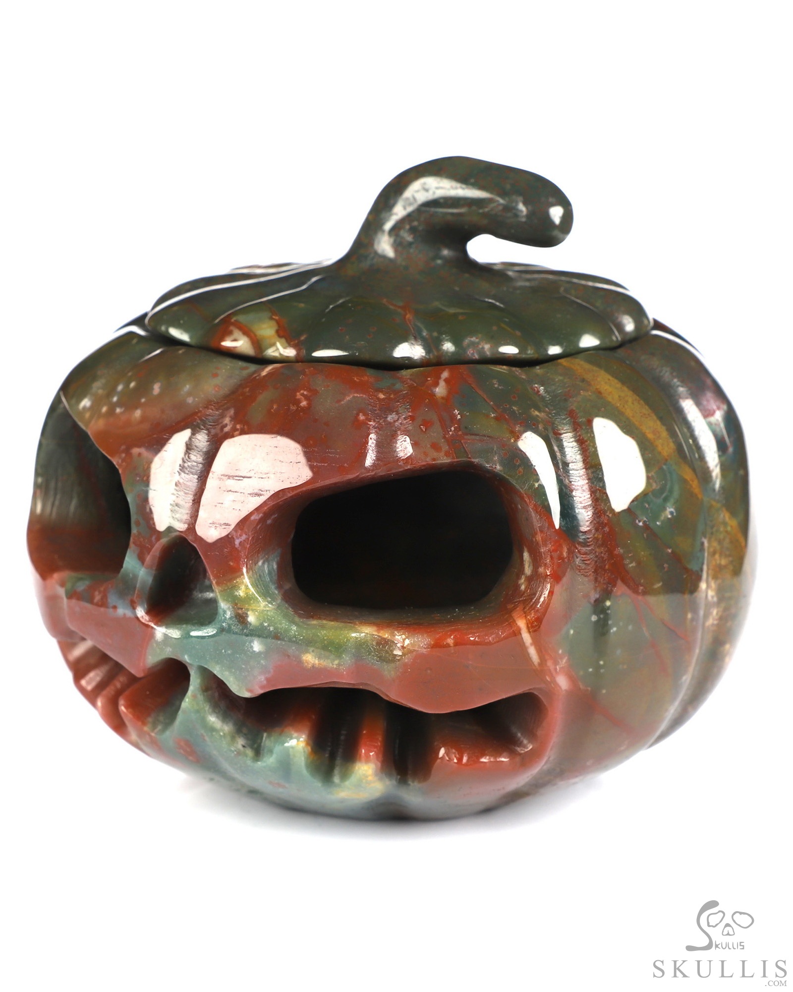 4.1" Bloodstone Hand Carved Hollow Jack-O'-Lantern Pumpkin Crystal Skull Sculpture 4.1" Bloodstone Hand Carved Hollow Jack-O'-Lantern Pumpkin Crystal Skull Sculpture