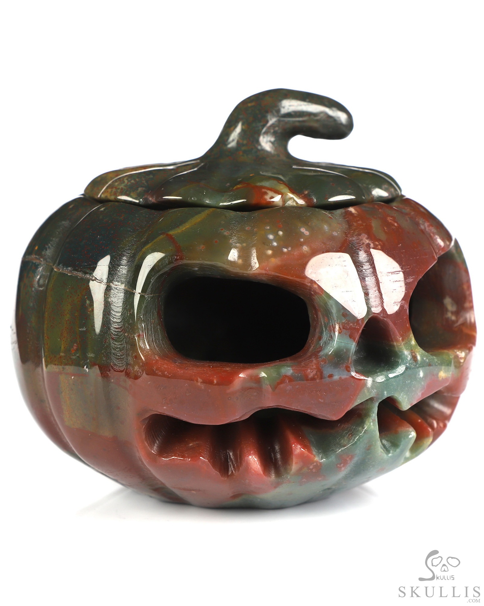 4.1" Bloodstone Hand Carved Hollow Jack-O'-Lantern Pumpkin Crystal Skull Sculpture 4.1" Bloodstone Hand Carved Hollow Jack-O'-Lantern Pumpkin Crystal Skull Sculpture