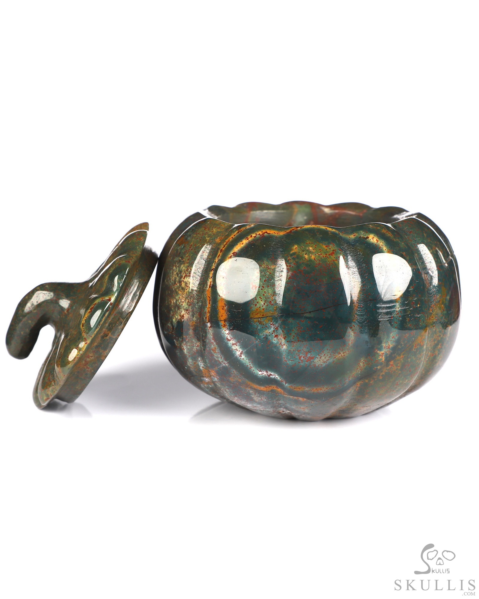 4.1" Bloodstone Hand Carved Hollow Jack-O'-Lantern Pumpkin Crystal Skull Sculpture 4.1" Bloodstone Hand Carved Hollow Jack-O'-Lantern Pumpkin Crystal Skull Sculpture