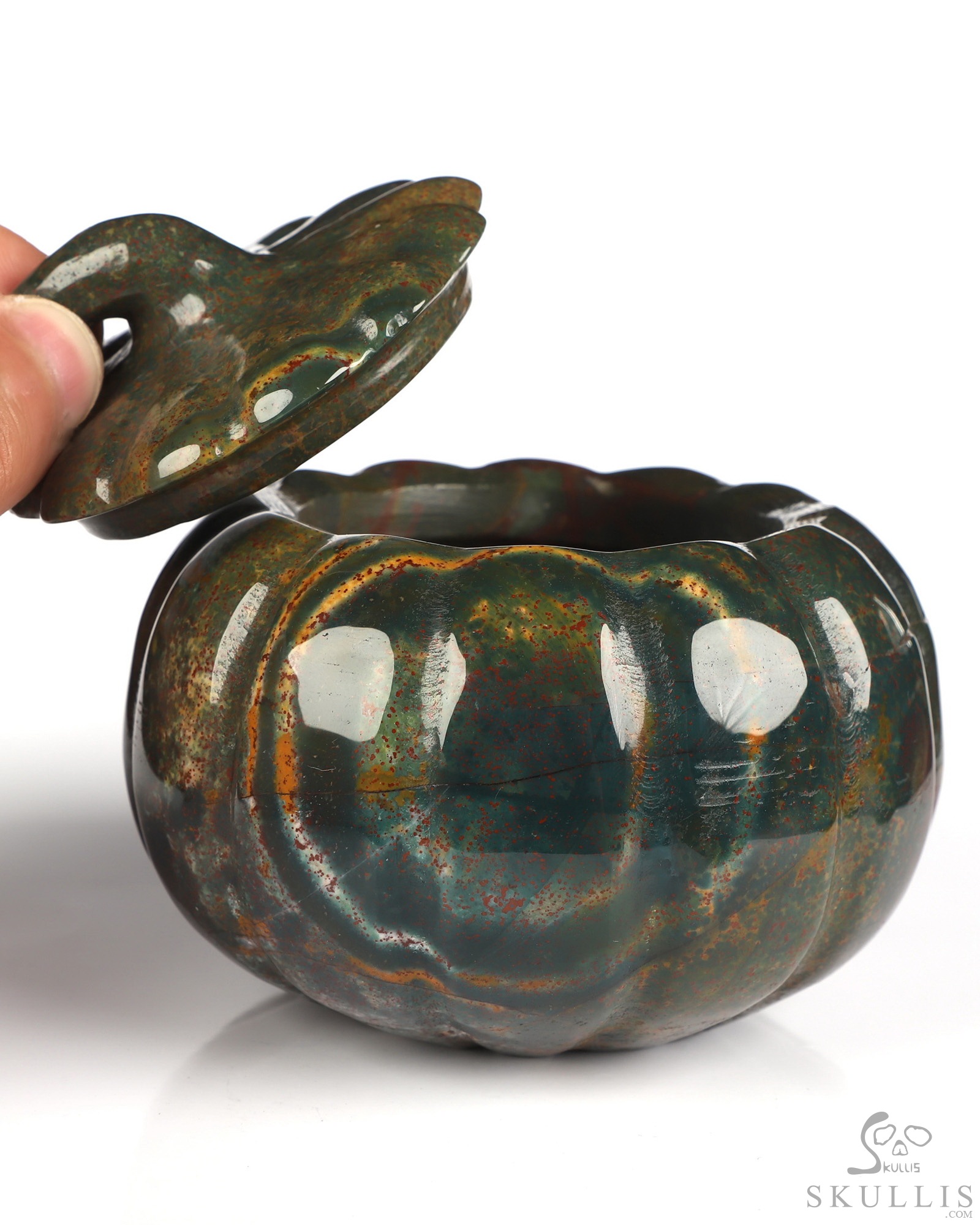 4.1" Bloodstone Hand Carved Hollow Jack-O'-Lantern Pumpkin Crystal Skull Sculpture 4.1" Bloodstone Hand Carved Hollow Jack-O'-Lantern Pumpkin Crystal Skull Sculpture