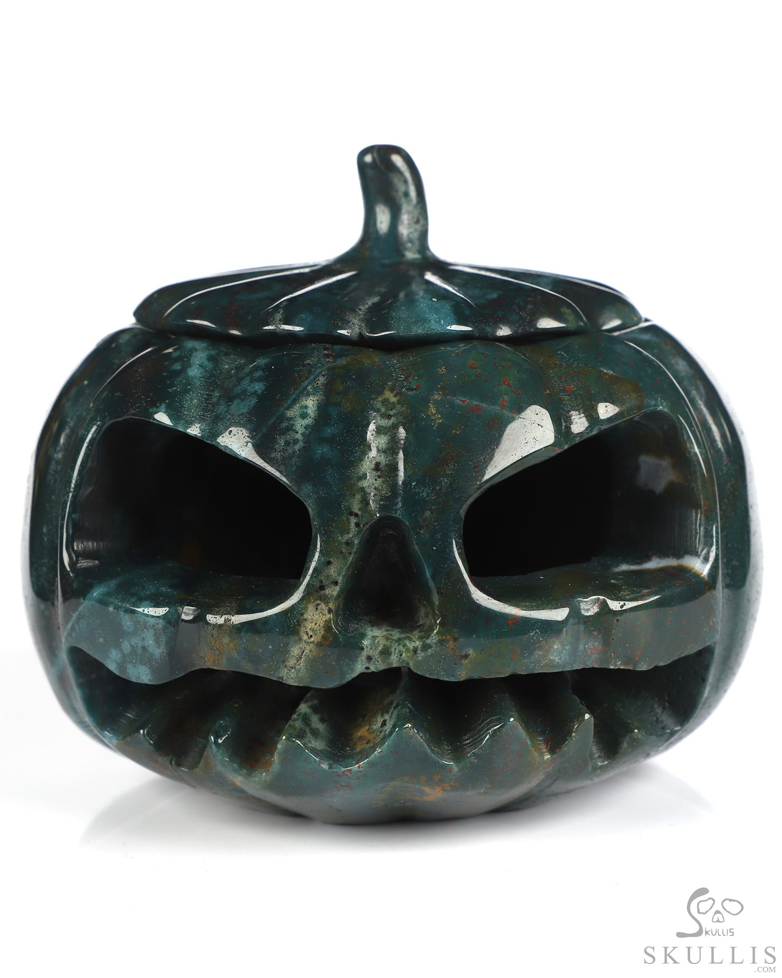 3.9" Bloodstone Hand Carved Hollow Jack-O'-Lantern Pumpkin Crystal Skull Sculpture 3.9" Bloodstone Hand Carved Hollow Jack-O'-Lantern Pumpkin Crystal Skull Sculpture