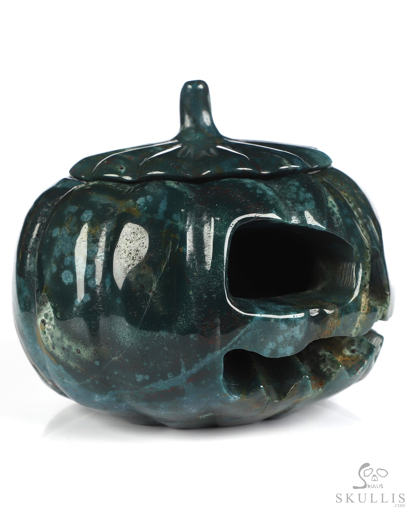 3.9" Bloodstone Hand Carved Hollow Jack-O'-Lantern Pumpkin Crystal Skull Sculpture 3.9" Bloodstone Hand Carved Hollow Jack-O'-Lantern Pumpkin Crystal Skull Sculpture