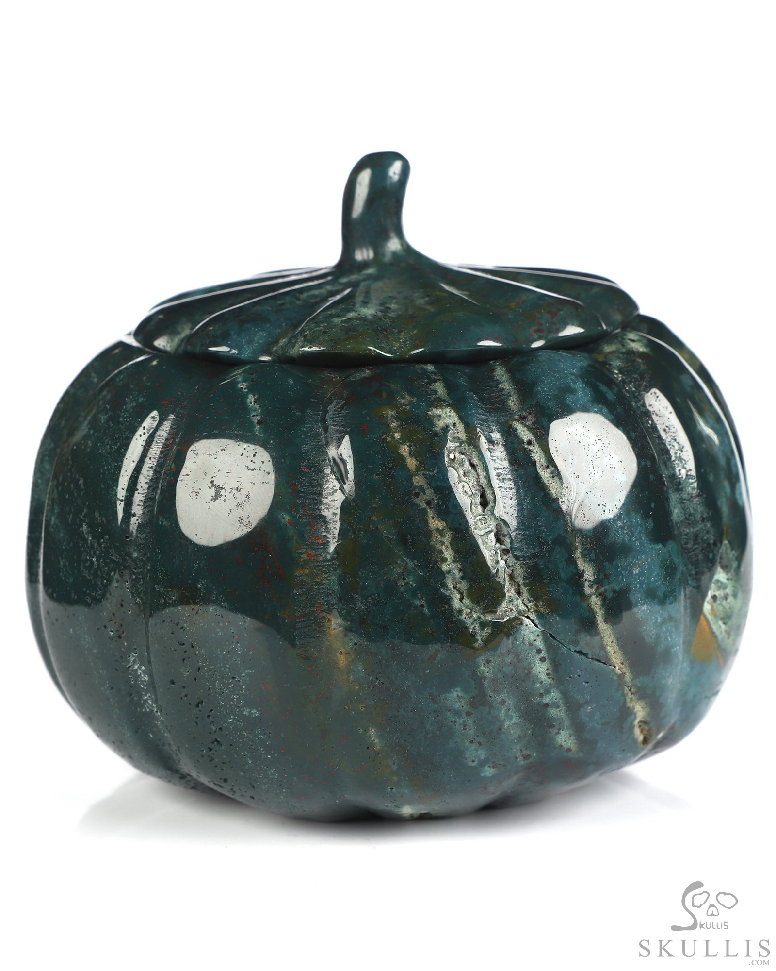3.9" Bloodstone Hand Carved Hollow Jack-O'-Lantern Pumpkin Crystal Skull Sculpture 3.9" Bloodstone Hand Carved Hollow Jack-O'-Lantern Pumpkin Crystal Skull Sculpture