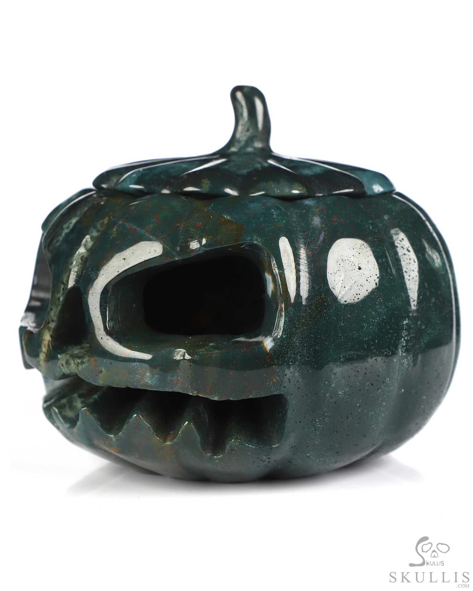 3.9" Bloodstone Hand Carved Hollow Jack-O'-Lantern Pumpkin Crystal Skull Sculpture 3.9" Bloodstone Hand Carved Hollow Jack-O'-Lantern Pumpkin Crystal Skull Sculpture