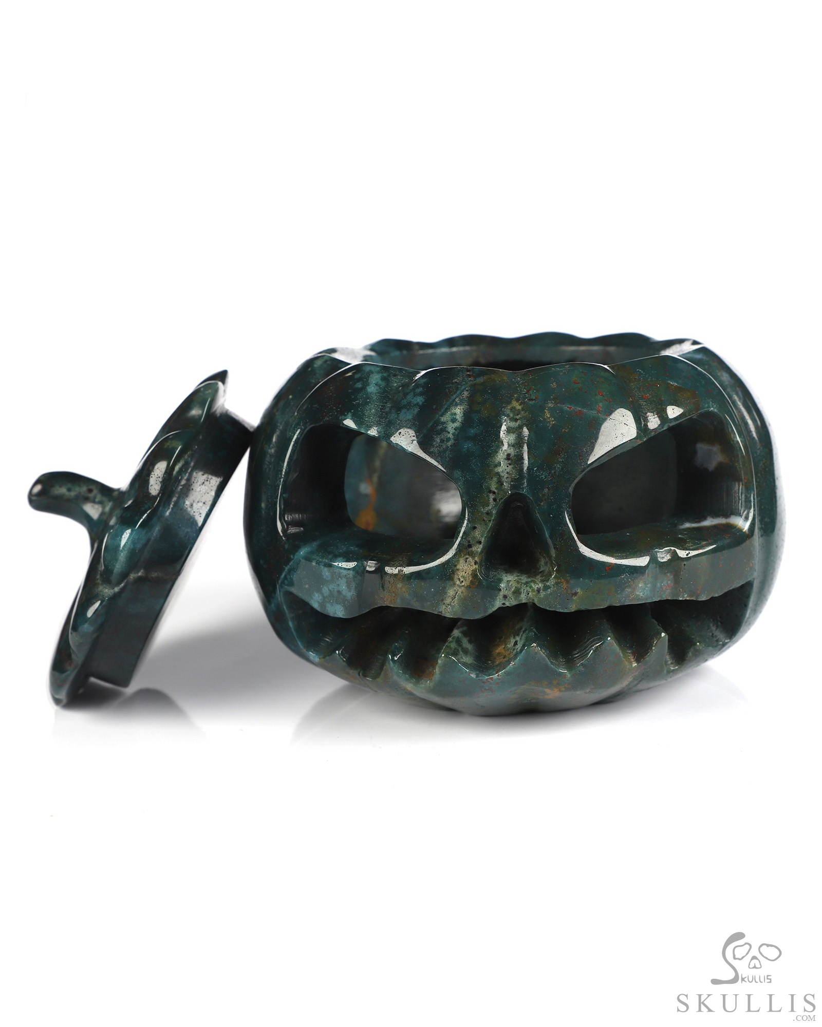 3.9" Bloodstone Hand Carved Hollow Jack-O'-Lantern Pumpkin Crystal Skull Sculpture 3.9" Bloodstone Hand Carved Hollow Jack-O'-Lantern Pumpkin Crystal Skull Sculpture