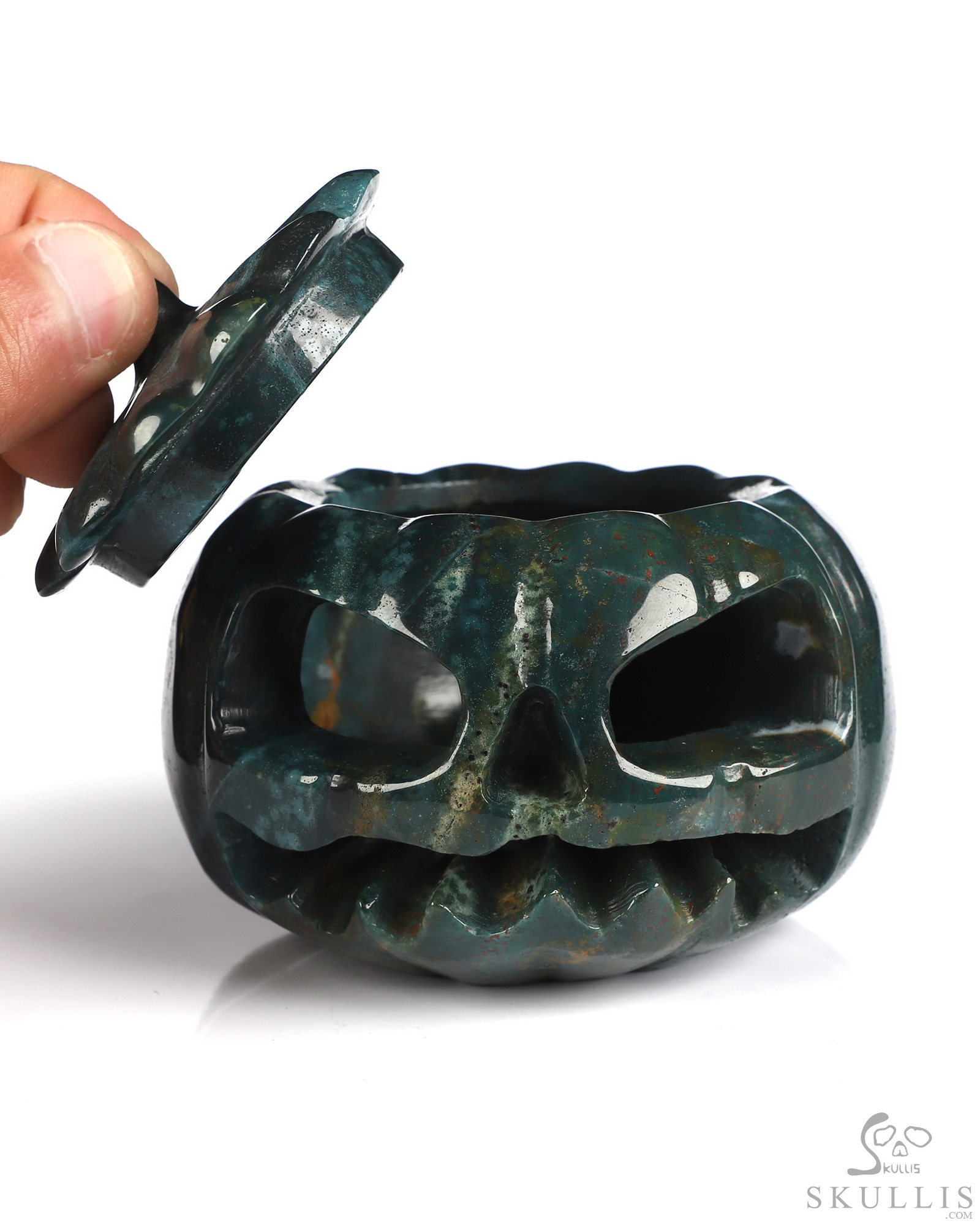 3.9" Bloodstone Hand Carved Hollow Jack-O'-Lantern Pumpkin Crystal Skull Sculpture 3.9" Bloodstone Hand Carved Hollow Jack-O'-Lantern Pumpkin Crystal Skull Sculpture