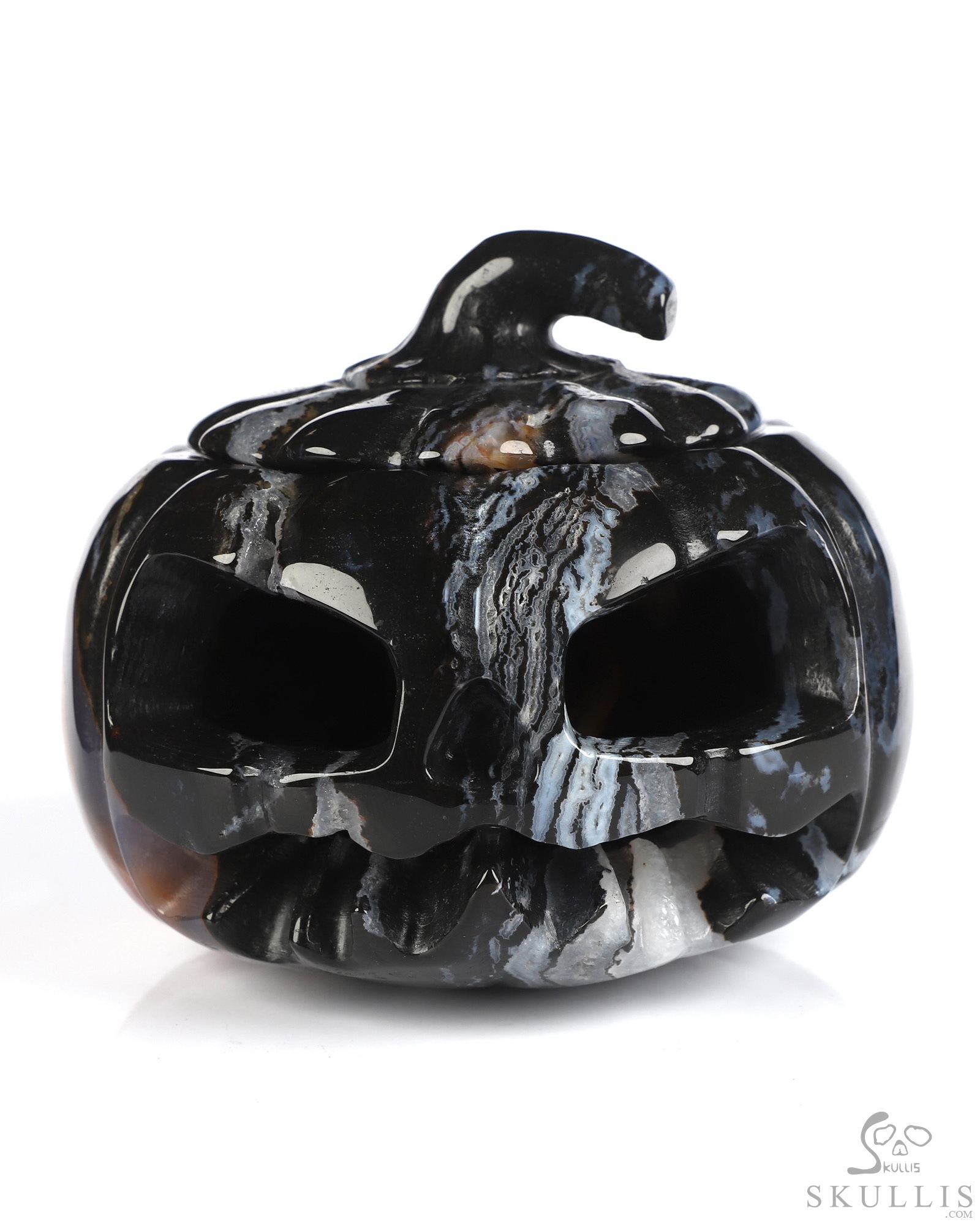 4.1" Black Zebra Agate Hand Carved Hollow Jack-O'-Lantern Pumpkin Crystal Skull Sculpture 4.1" Black Zebra Agate Hand Carved Hollow Jack-O'-Lantern Pumpkin Crystal Skull Sculpture