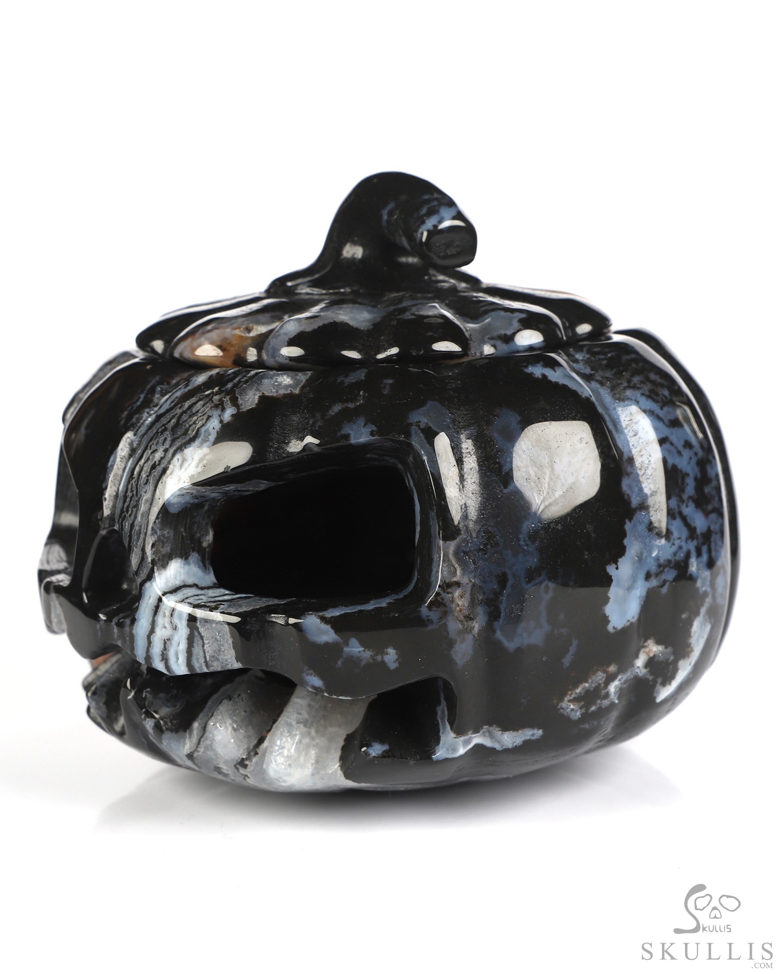4.1" Black Zebra Agate Hand Carved Hollow Jack-O'-Lantern Pumpkin Crystal Skull Sculpture 4.1" Black Zebra Agate Hand Carved Hollow Jack-O'-Lantern Pumpkin Crystal Skull Sculpture