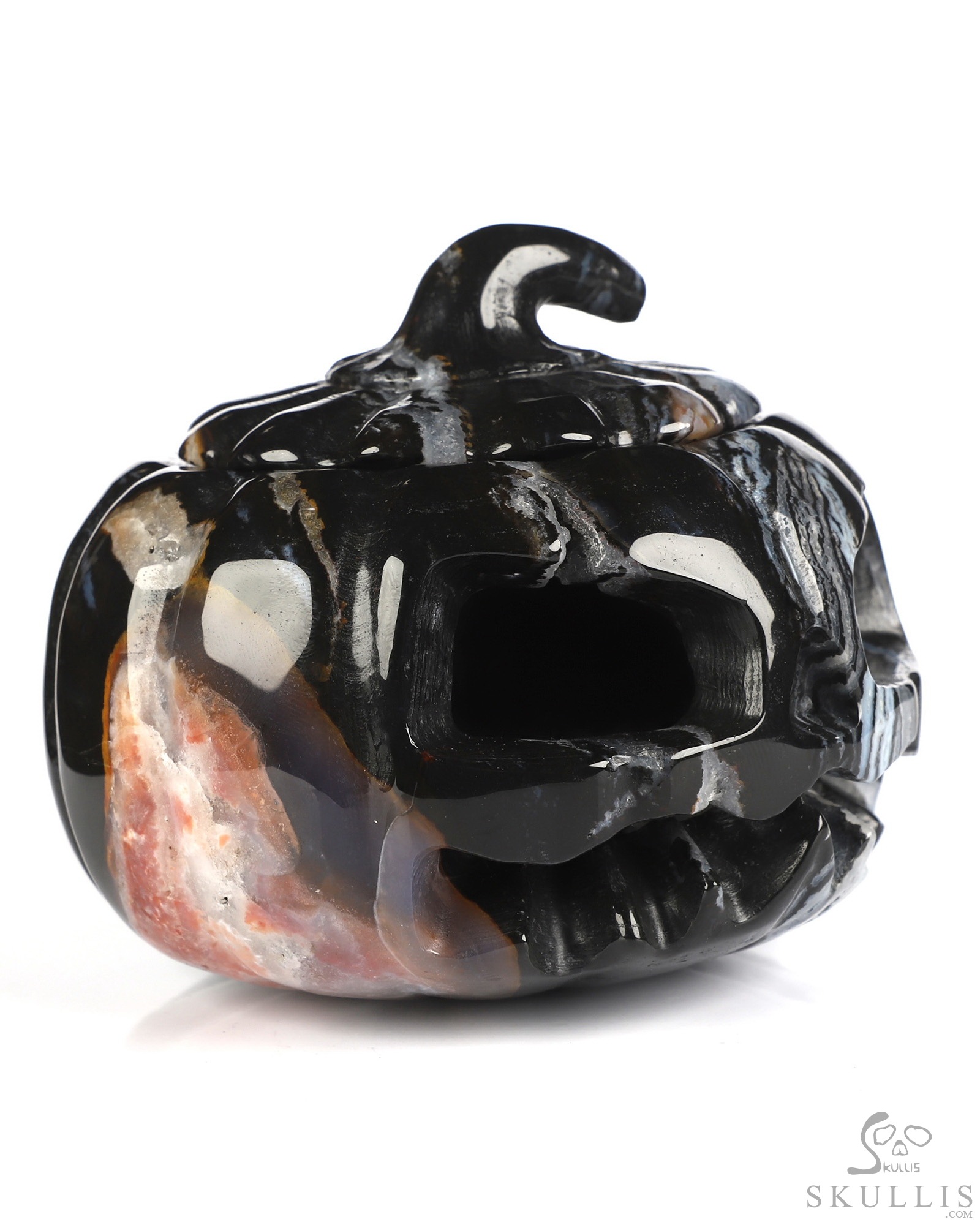 4.1" Black Zebra Agate Hand Carved Hollow Jack-O'-Lantern Pumpkin Crystal Skull Sculpture 4.1" Black Zebra Agate Hand Carved Hollow Jack-O'-Lantern Pumpkin Crystal Skull Sculpture