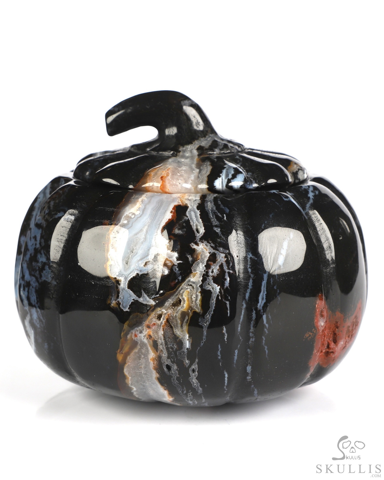 4.1" Black Zebra Agate Hand Carved Hollow Jack-O'-Lantern Pumpkin Crystal Skull Sculpture 4.1" Black Zebra Agate Hand Carved Hollow Jack-O'-Lantern Pumpkin Crystal Skull Sculpture