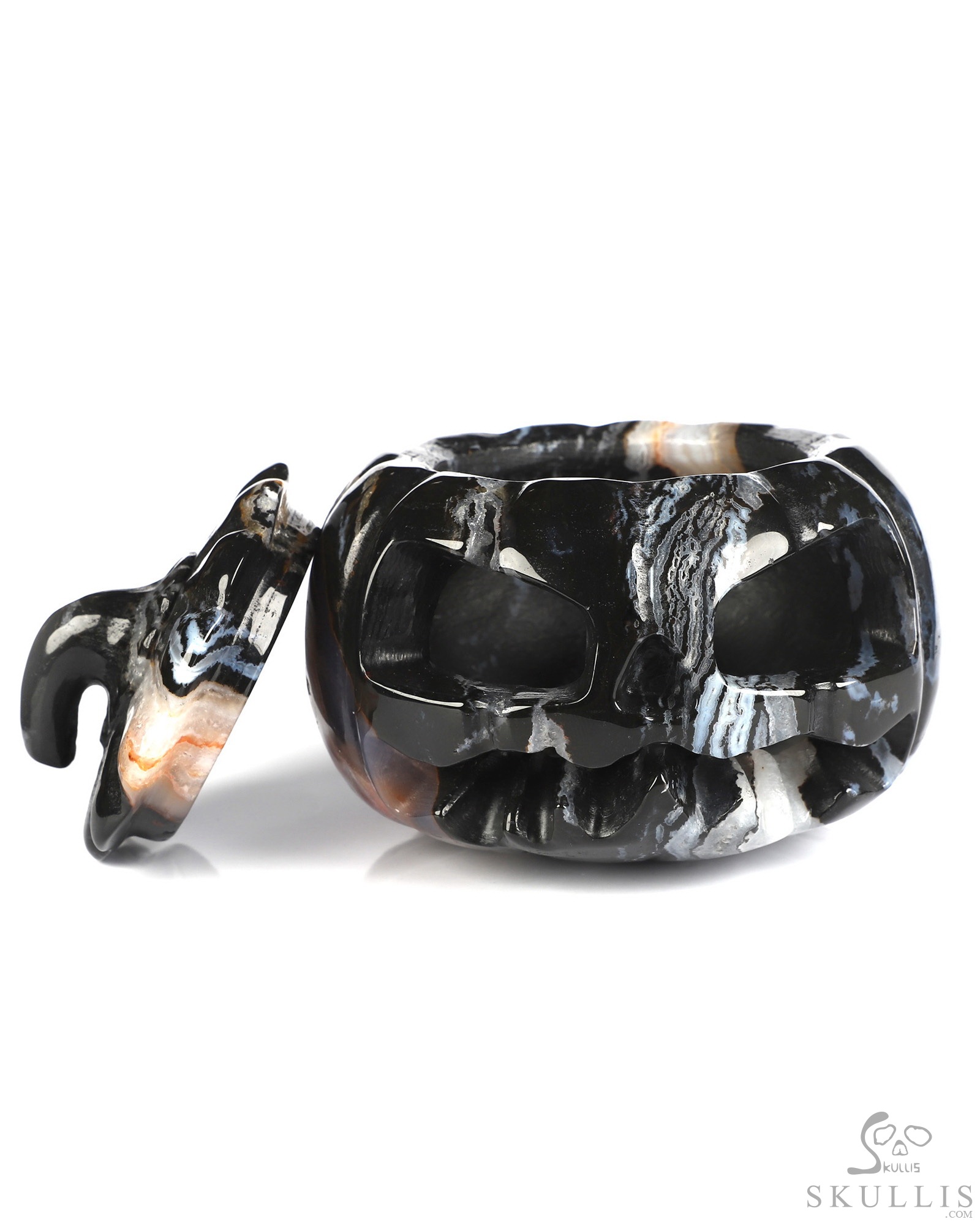 4.1" Black Zebra Agate Hand Carved Hollow Jack-O'-Lantern Pumpkin Crystal Skull Sculpture 4.1" Black Zebra Agate Hand Carved Hollow Jack-O'-Lantern Pumpkin Crystal Skull Sculpture