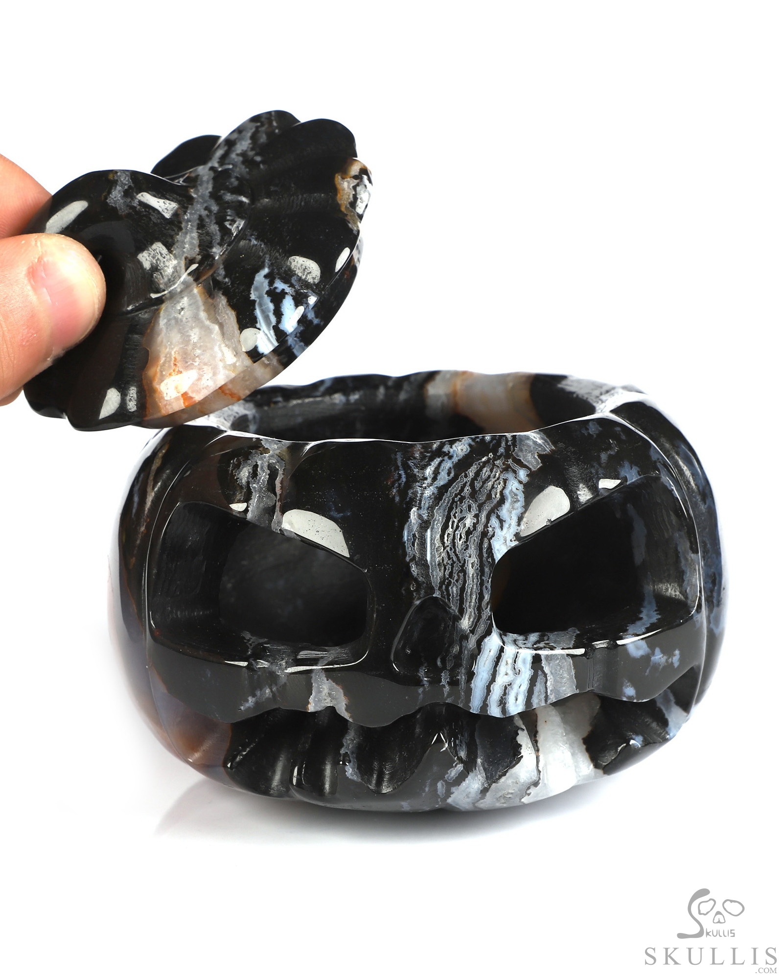 4.1" Black Zebra Agate Hand Carved Hollow Jack-O'-Lantern Pumpkin Crystal Skull Sculpture 4.1" Black Zebra Agate Hand Carved Hollow Jack-O'-Lantern Pumpkin Crystal Skull Sculpture