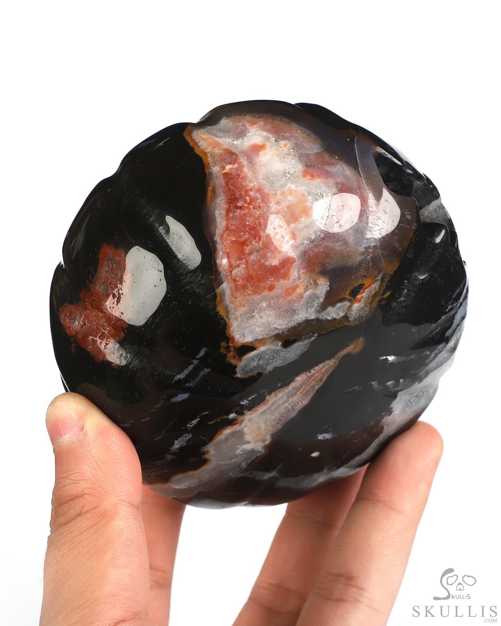 4.1" Black Zebra Agate Hand Carved Hollow Jack-O'-Lantern Pumpkin Crystal Skull Sculpture 4.1" Black Zebra Agate Hand Carved Hollow Jack-O'-Lantern Pumpkin Crystal Skull Sculpture