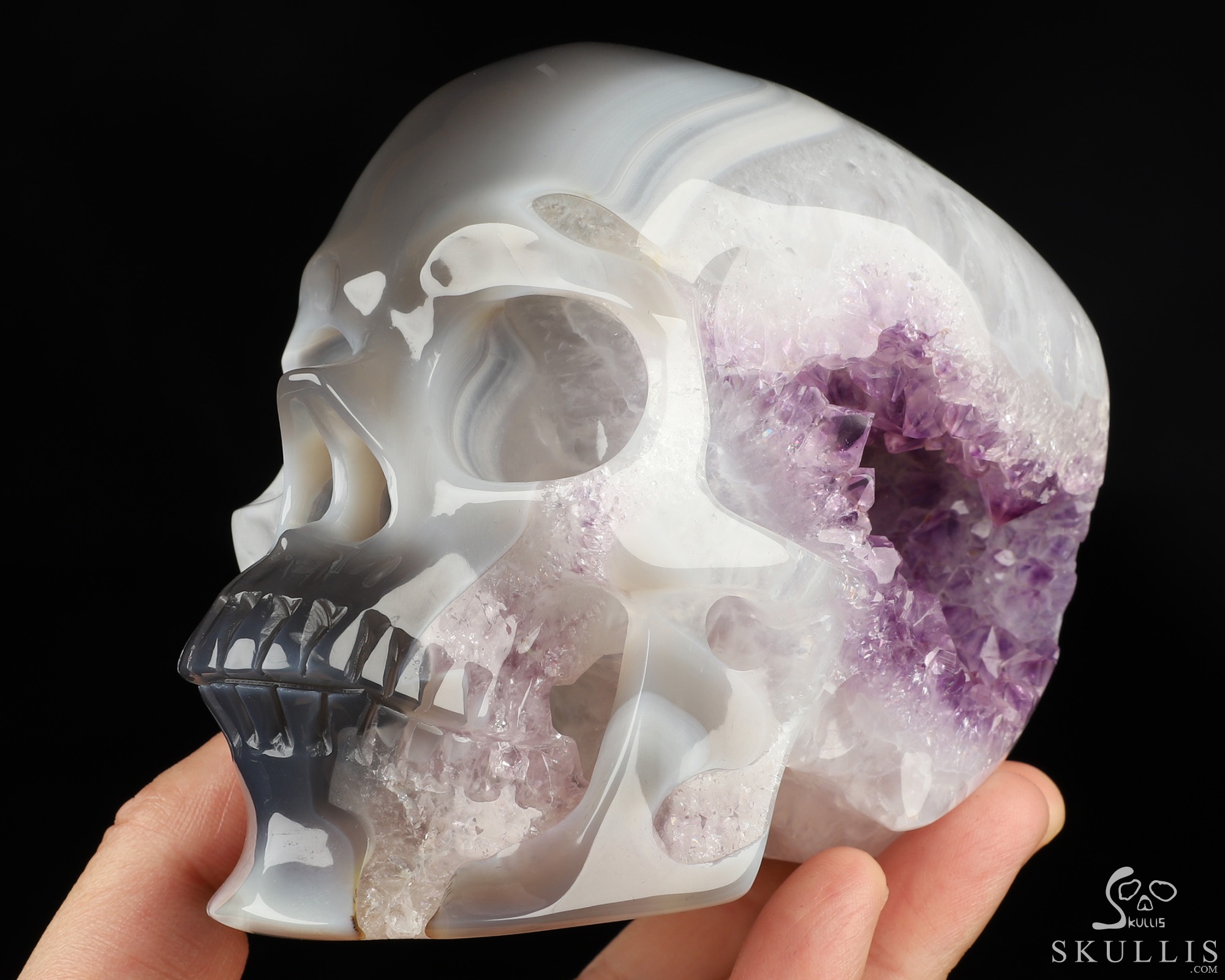 5.0" Agate Amethyst Geode Hand Carved Crystal Skull, Super Realistic, Crystal Healing 5.0" Agate Amethyst Geode Hand Carved Crystal Skull, Super Realistic, Crystal Healing